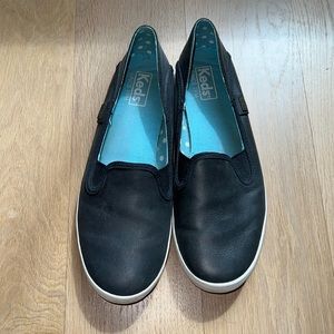 Worn once Keds black leather slip on shoes